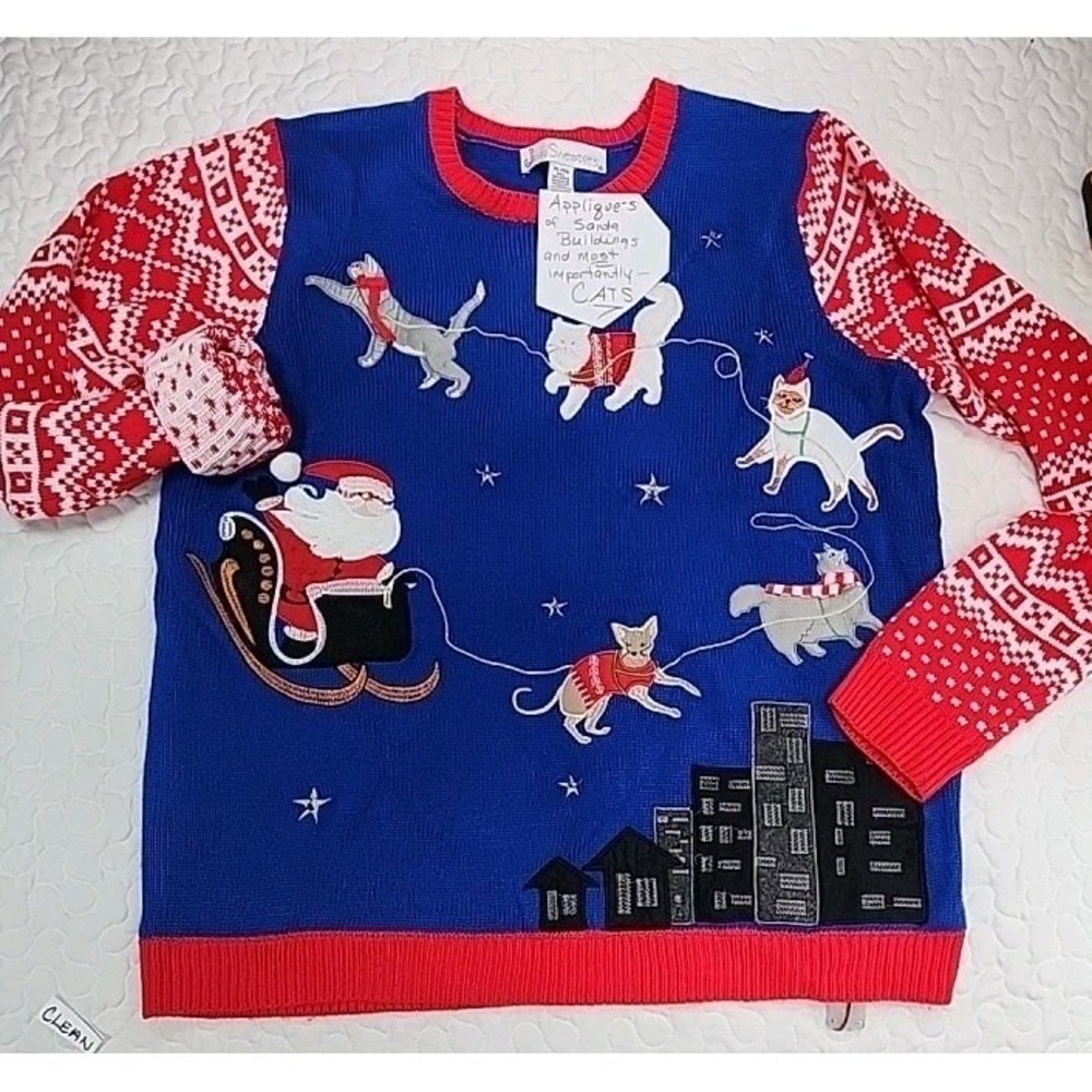 KITTY CAT Sweater Santa Flying Sleigh LIGHT UP Unique XL chest up to 44" women L
